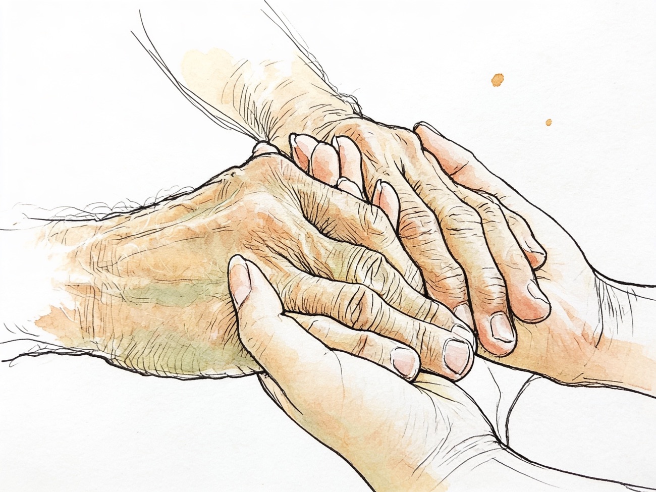Ink and watercolor vignette of young hands gently holding an elderly person&rsquo;s hands