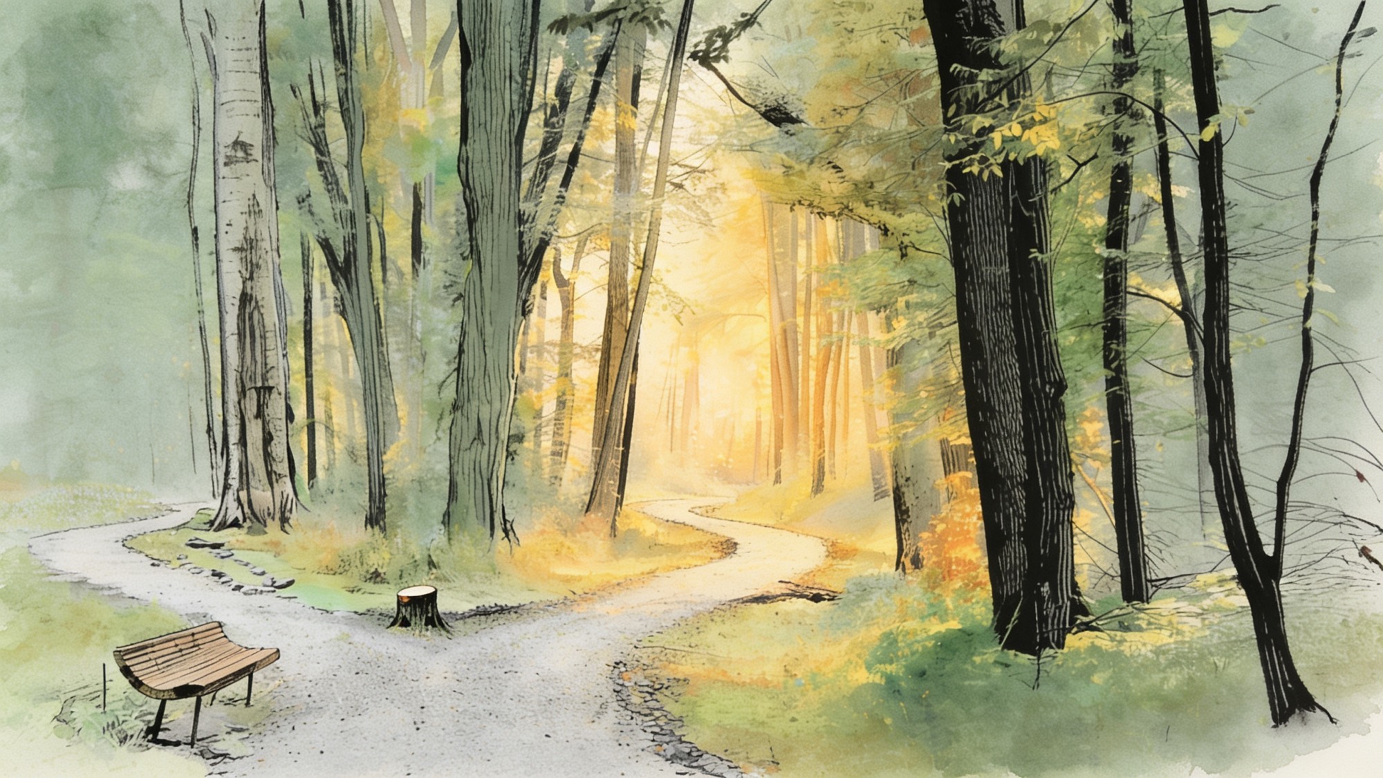 Ink and watercolor illustration of a forest path splitting into two paths, with a wooden bench resting at the fork