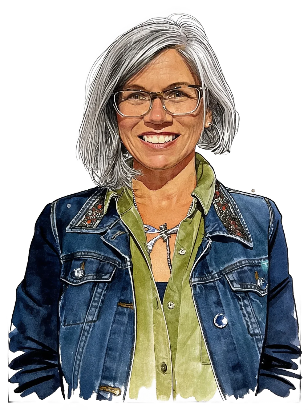 Watercolor portrait of Laura Dusha Nelson smiling, wearing a denim jacket and dragonfly necklace