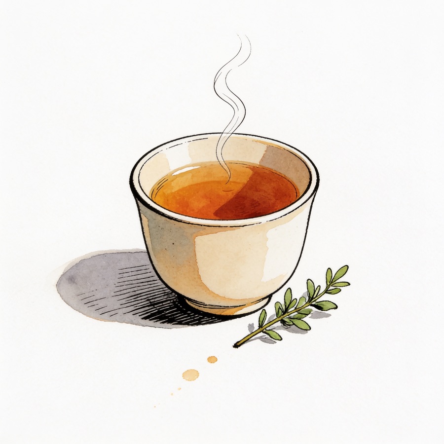 Ink and watercolor vignette of a steaming cup of tea beside a sprig of greenery