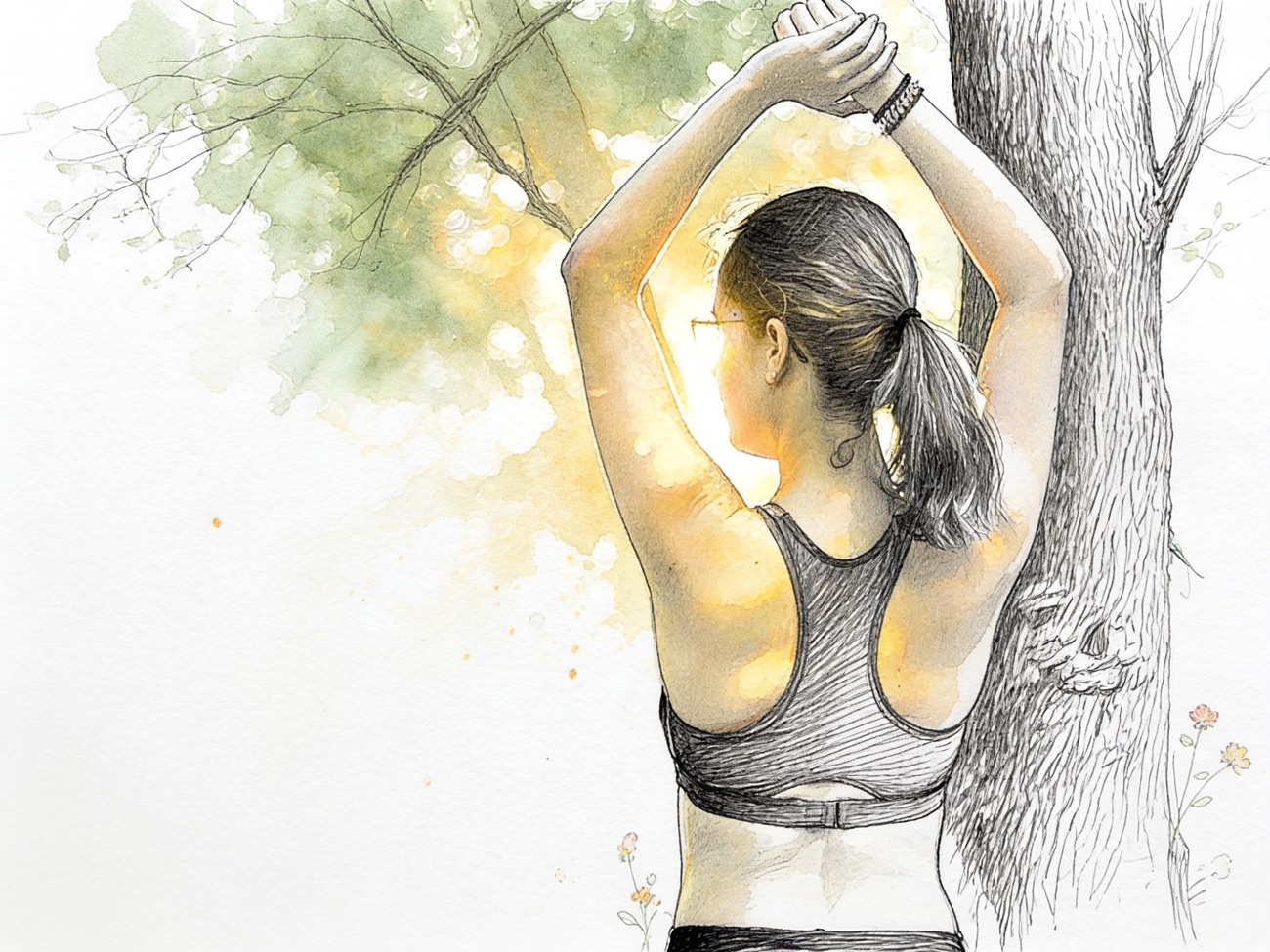 Ink and watercolor vignette of a woman stretching beneath a tree in morning light